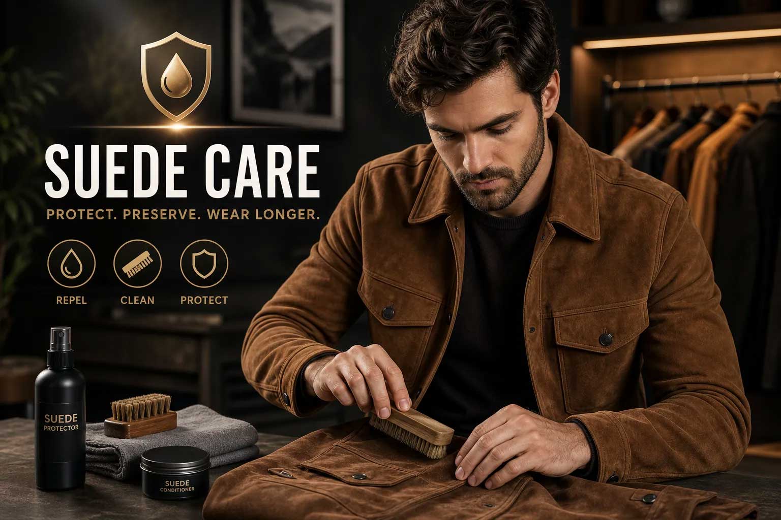 men cleaning the suede jacket