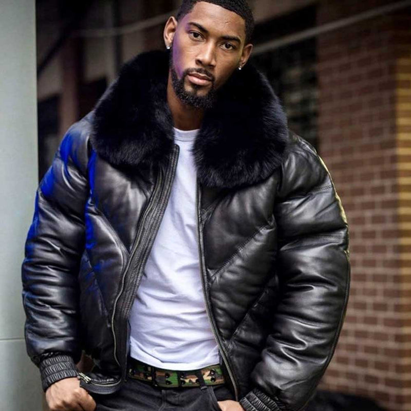 Men's black leather Goose V Bomber jacket with fox fur collar and goose down fill