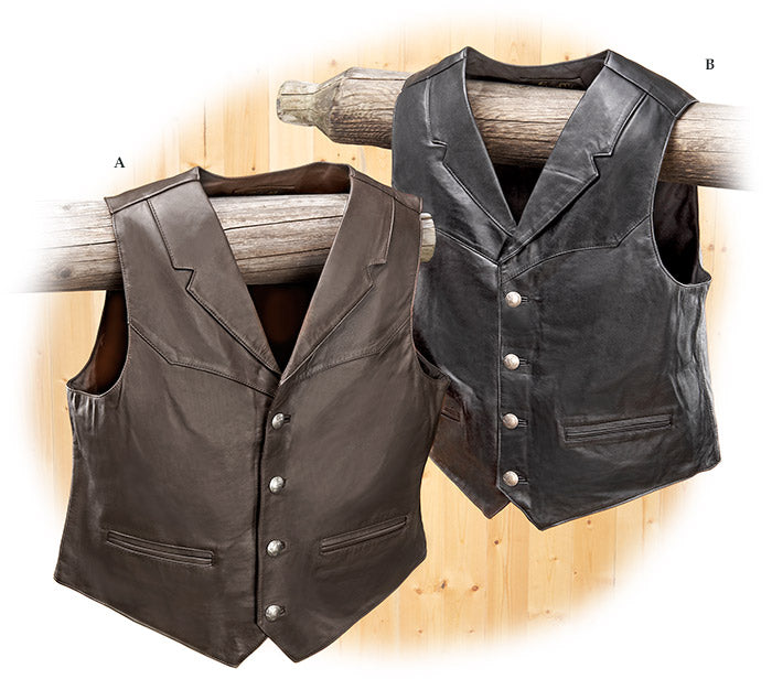 Men's leather vest collection in black, brown and distressed cowhide, buffalo and sheepskin