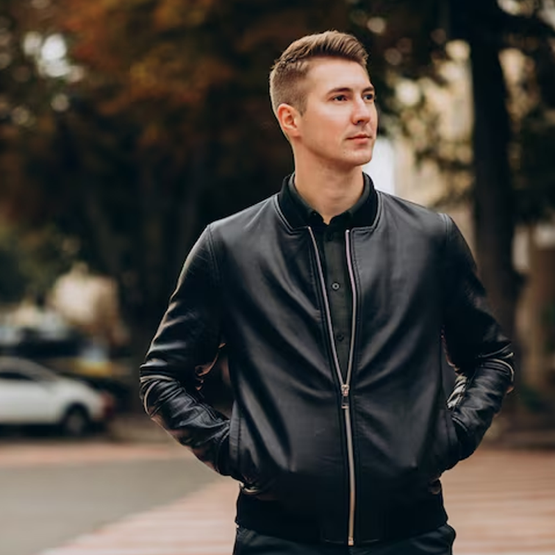 men wearing black bomber leather jacket