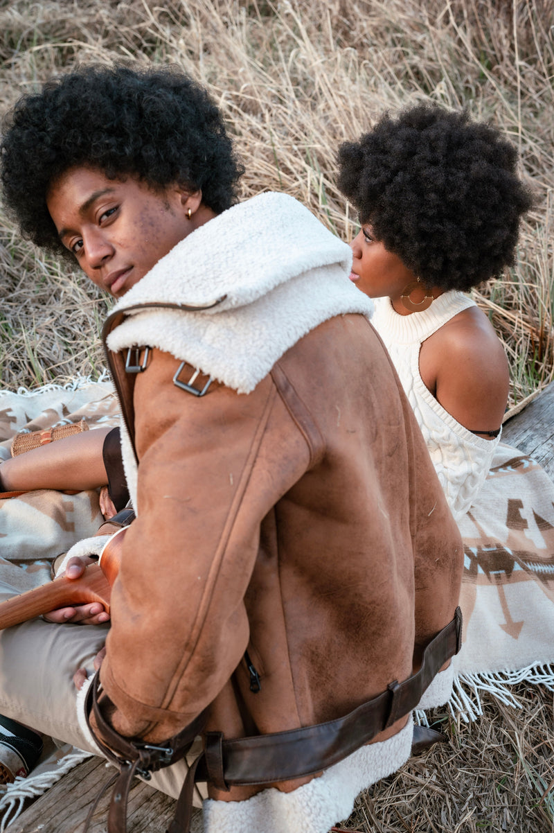 women wearing shearling jacket