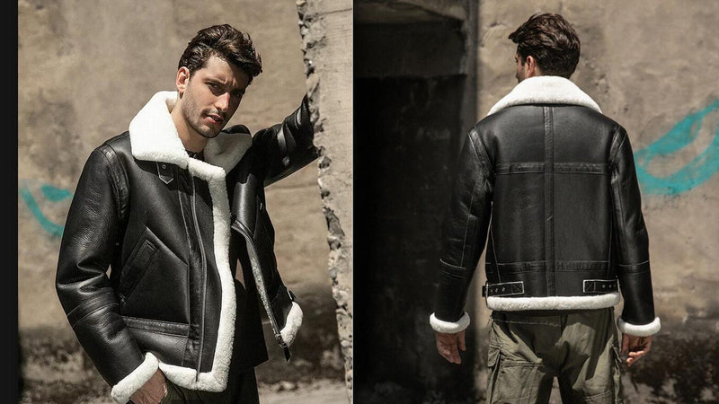 Men's black genuine shearling leather biker jacket with asymmetric zip and wool lining