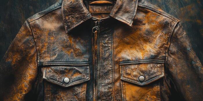 Waxed distressed leather jacket surface showing pull-up tonal variation on cowhide