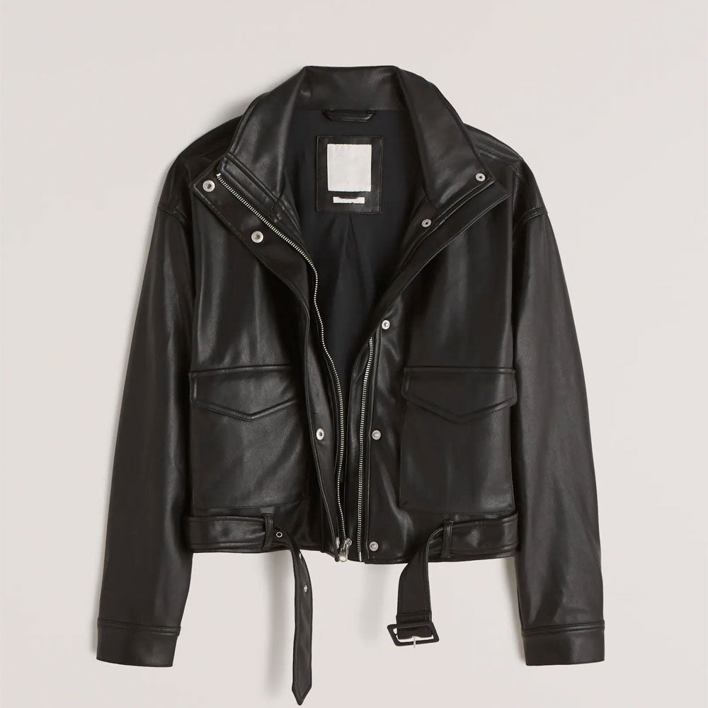 Black leather jacket on a light gray background
