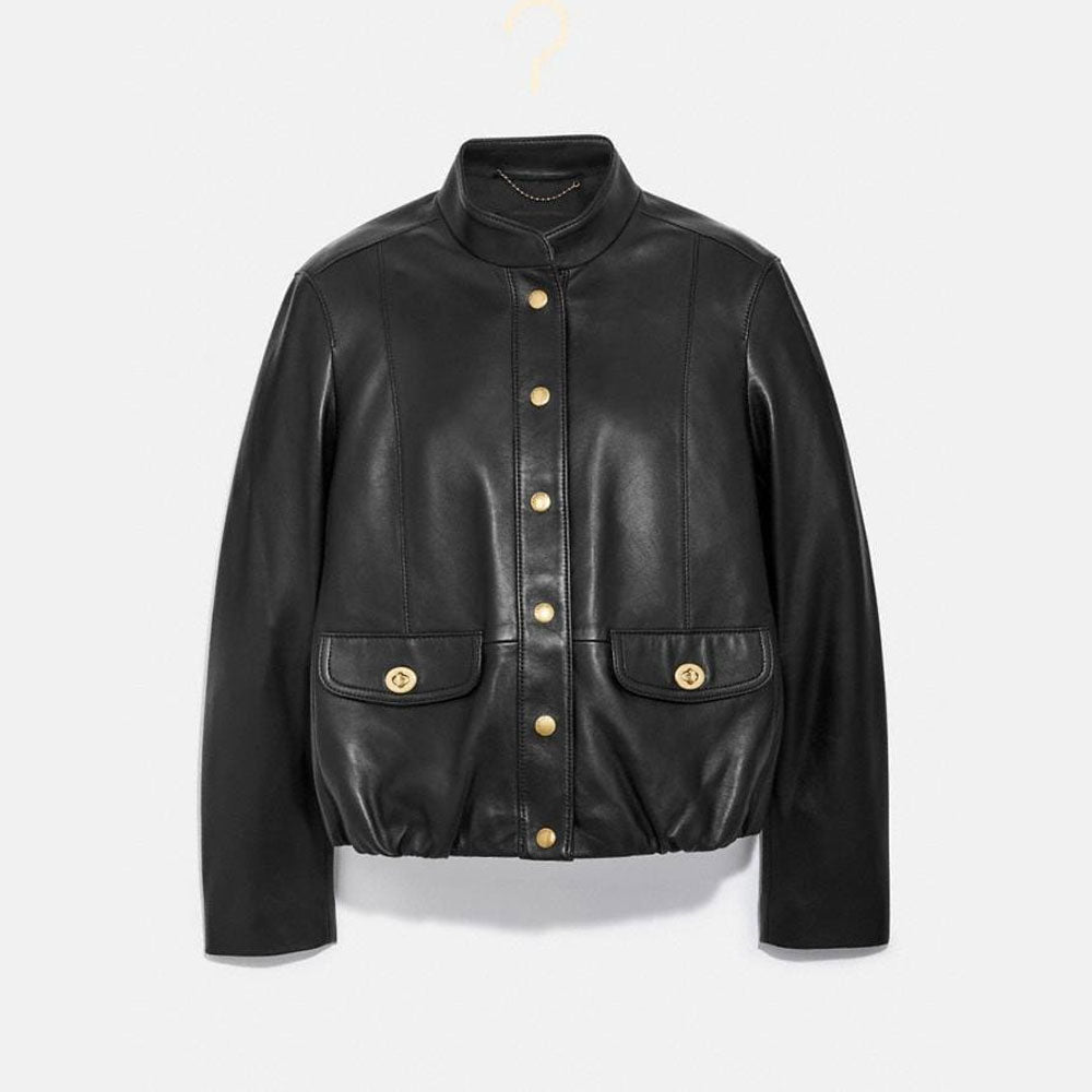 Black leather jacket with gold buttons on a white background