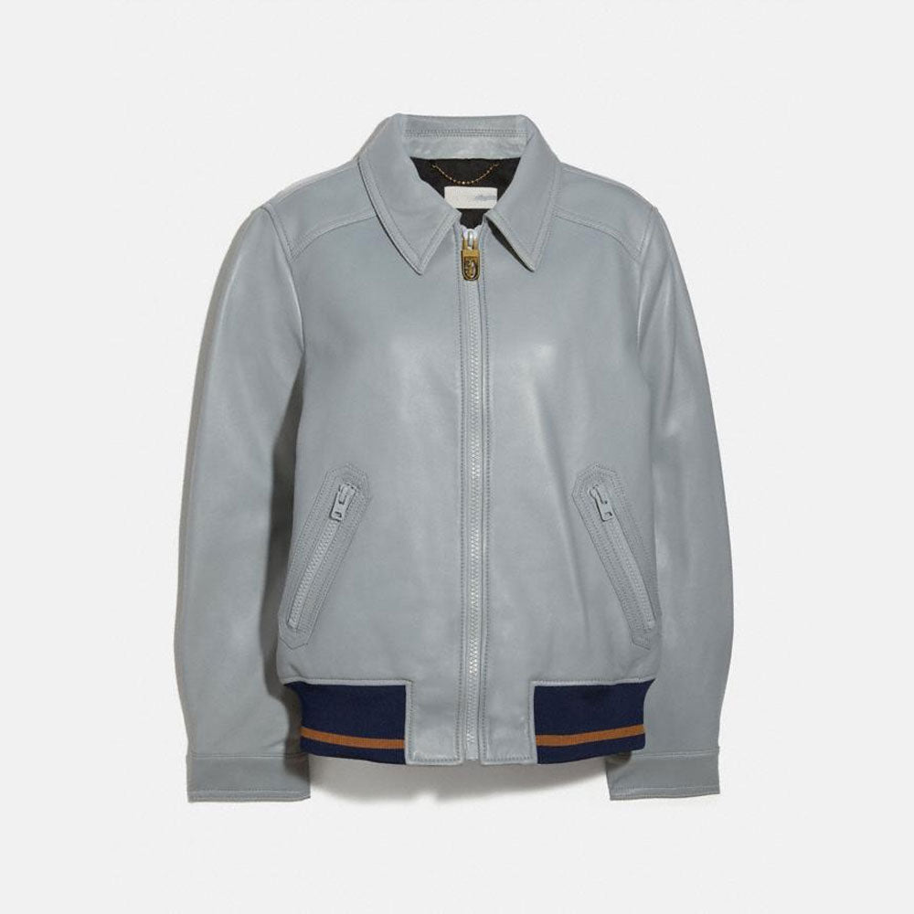 Gray leather jacket with navy accents on a white background