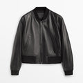 Black leather bomber jacket on a white background
