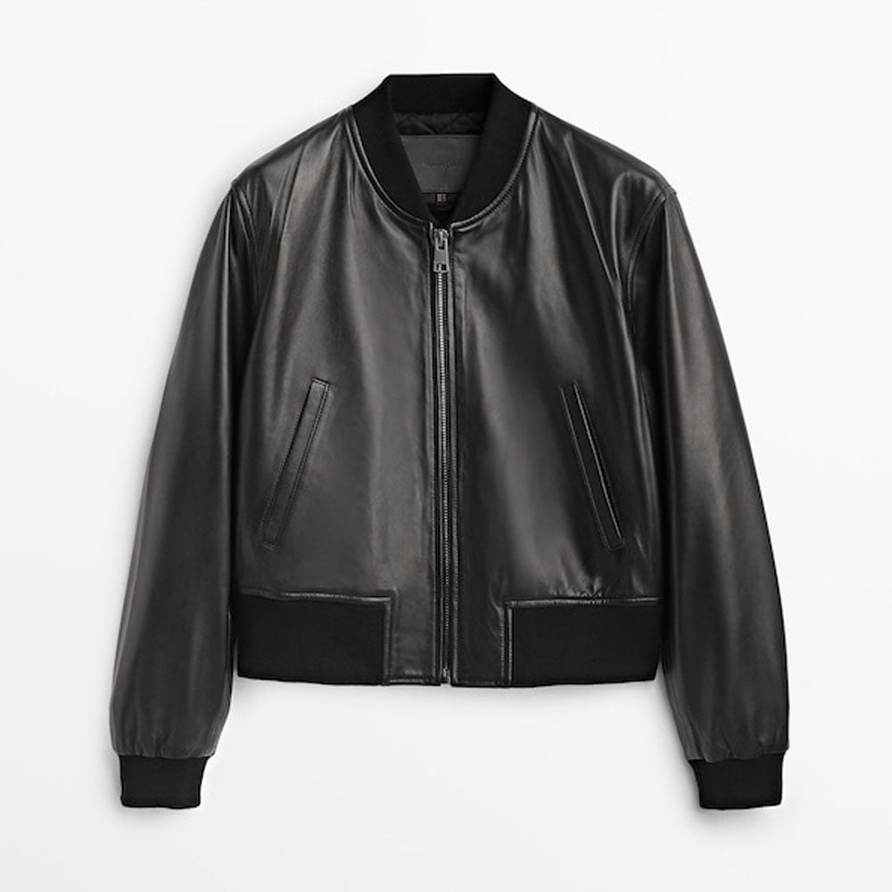 Black leather bomber jacket on a white background