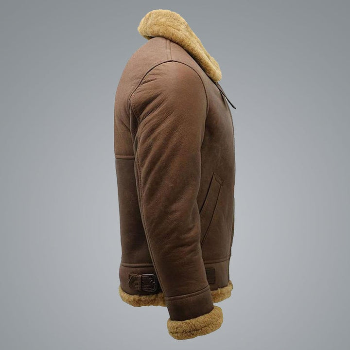 Brown jacket with fur lining on a gray background