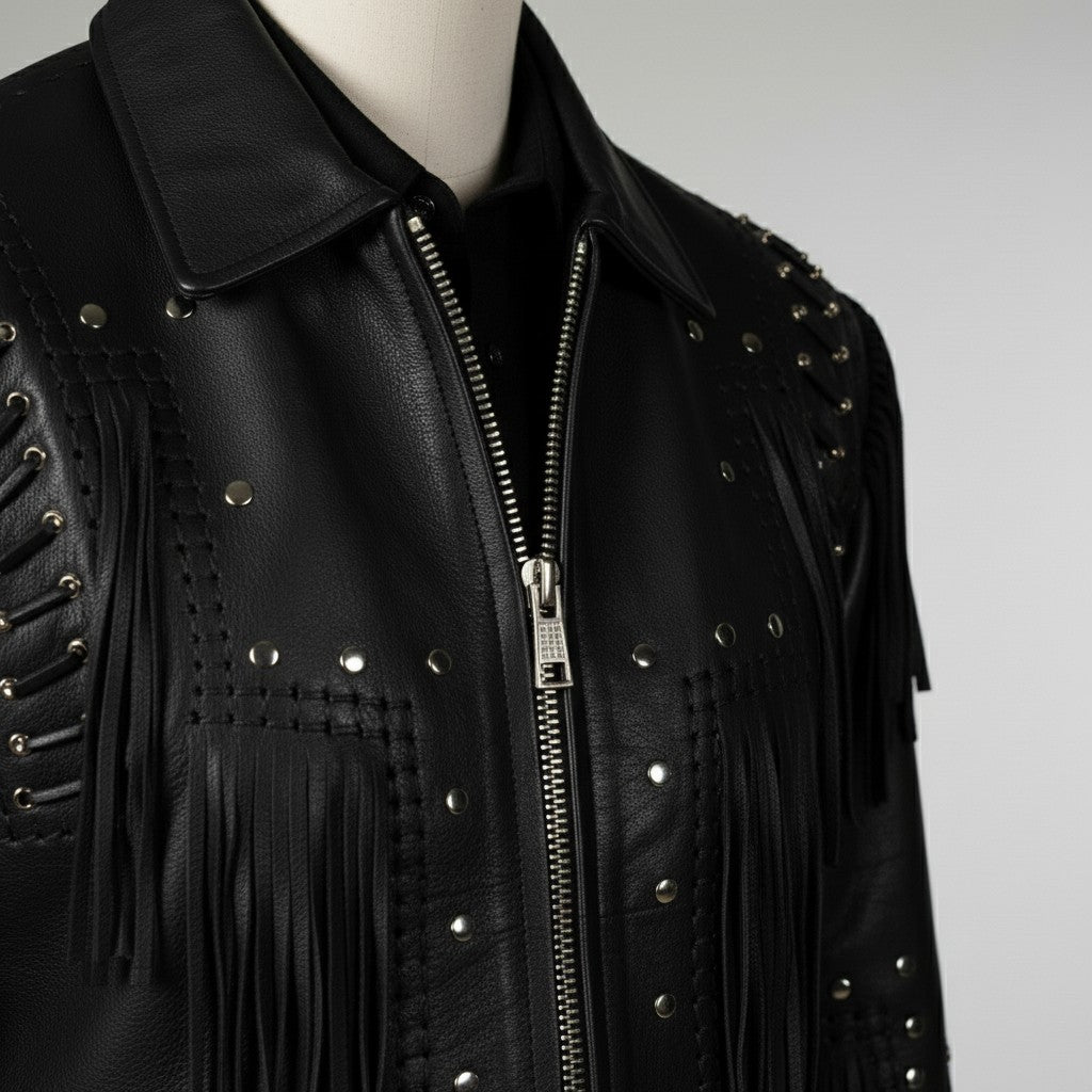 Black leather jacket with fringe and studs on a mannequin against a gray background