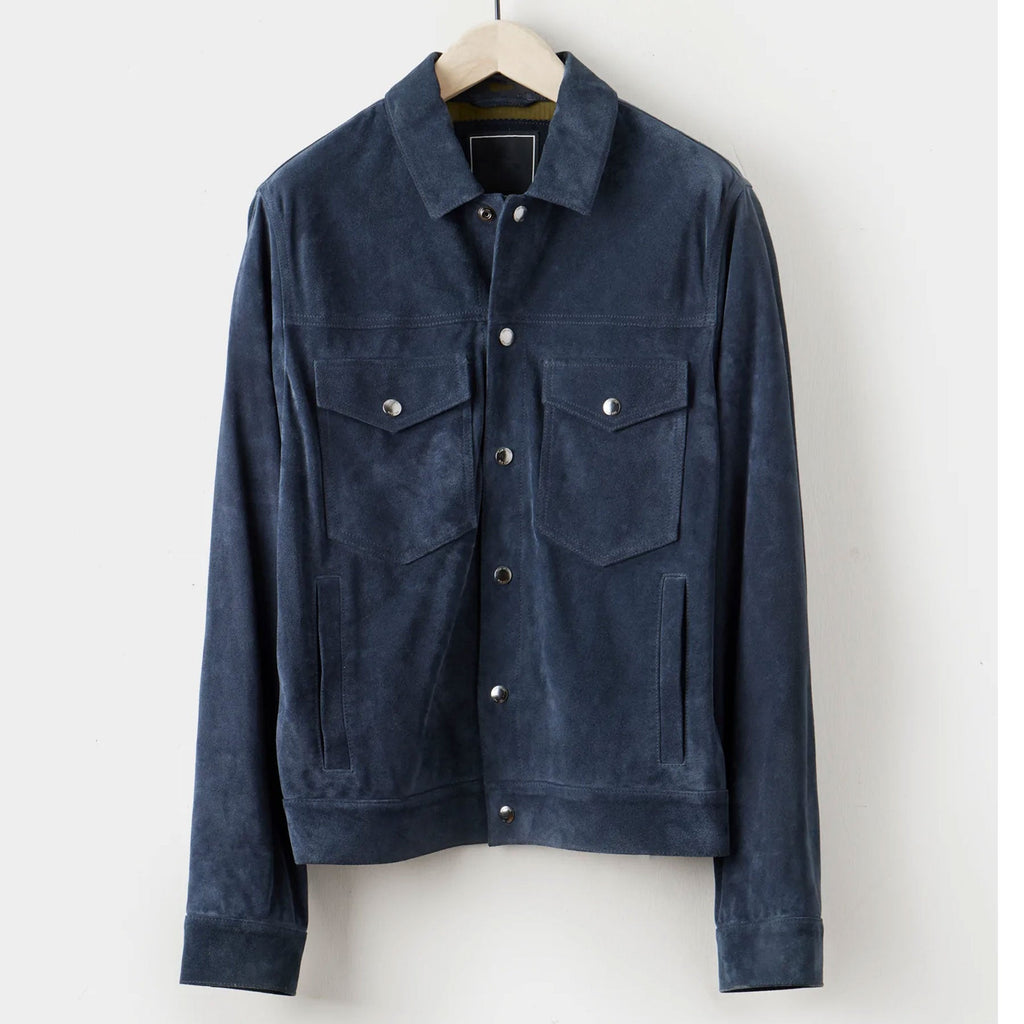 Blue suede jacket on a hanger against a white background