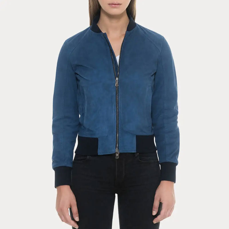Blue jacket worn by a person on a white background