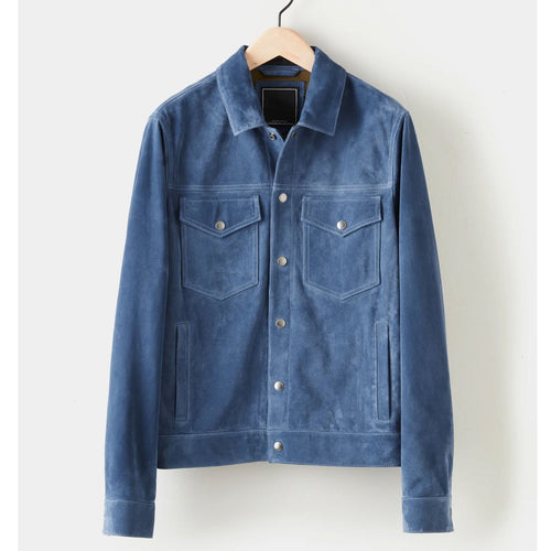 Blue suede on a hanger against a white background