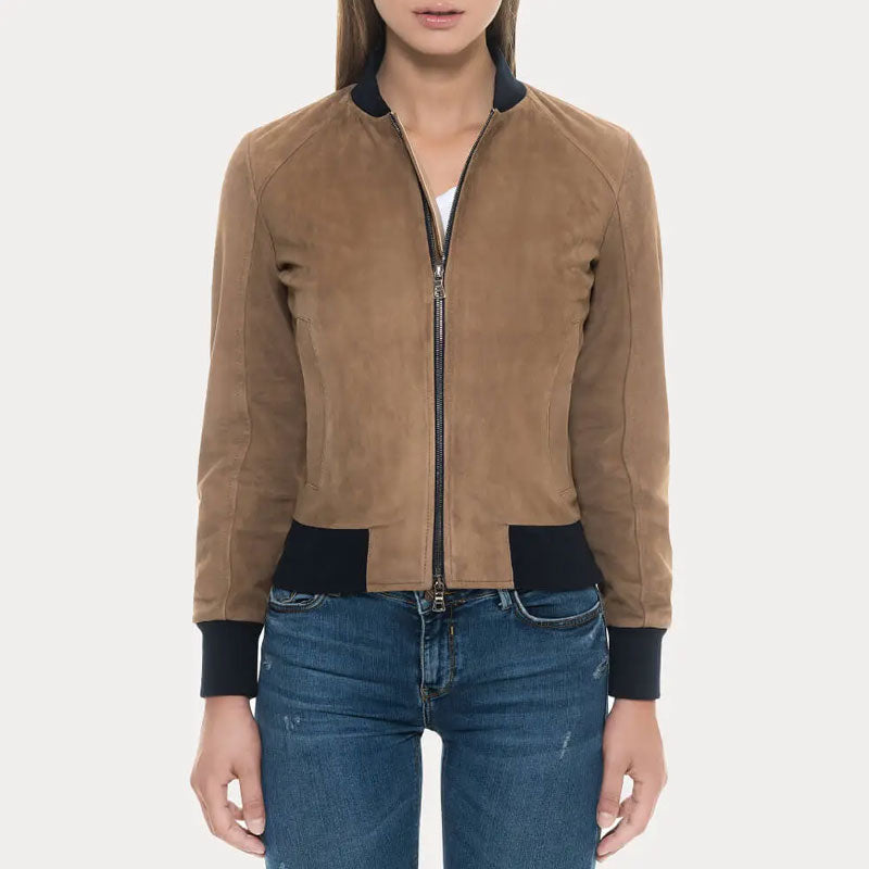 Brown suede jacket with black cuffs and collar worn by a person on a white background