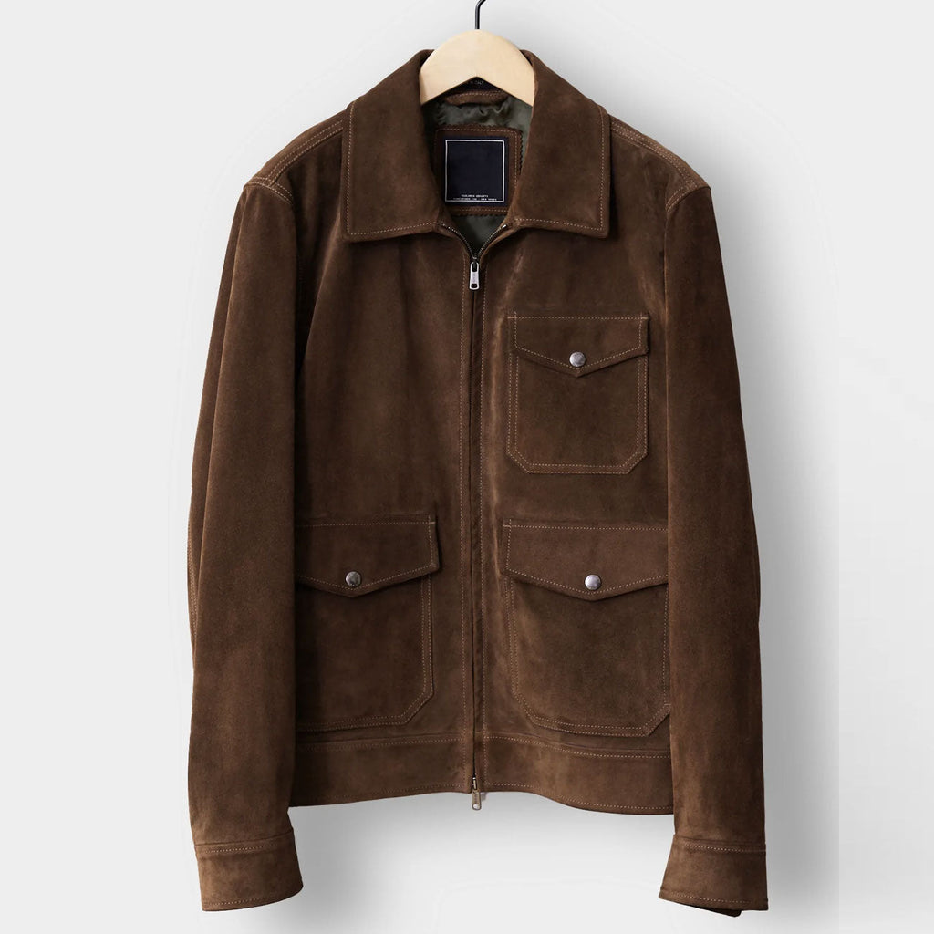 Brown suede jacket on a hanger against a white background