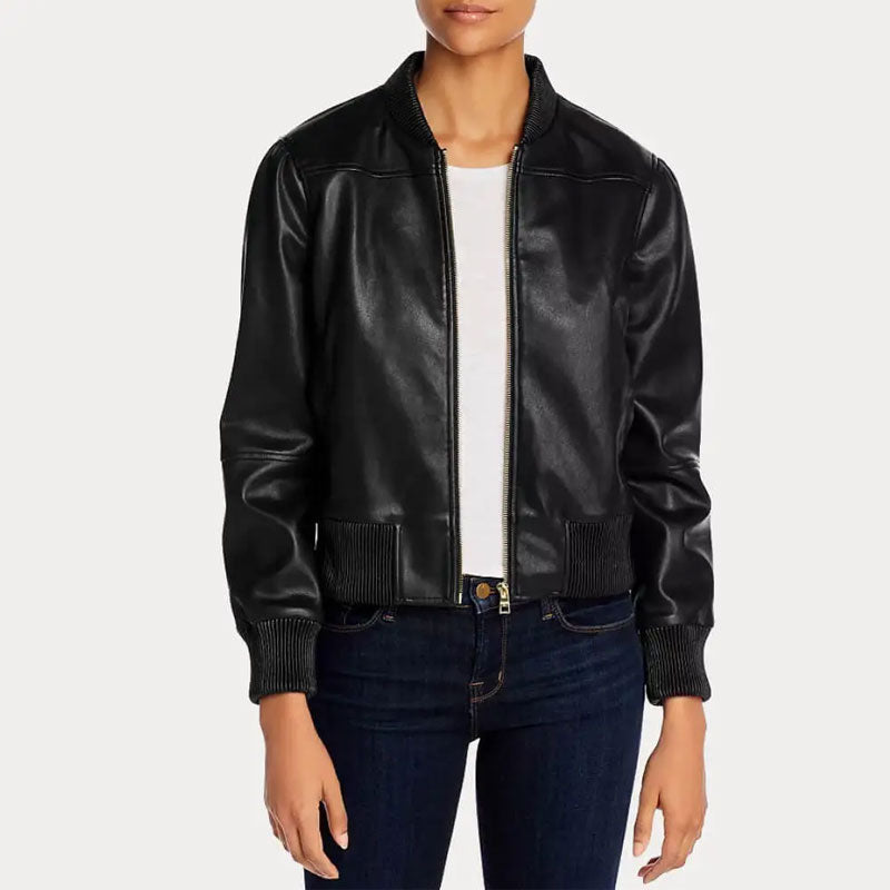 Black leather bomber jacket worn by a person on a white background