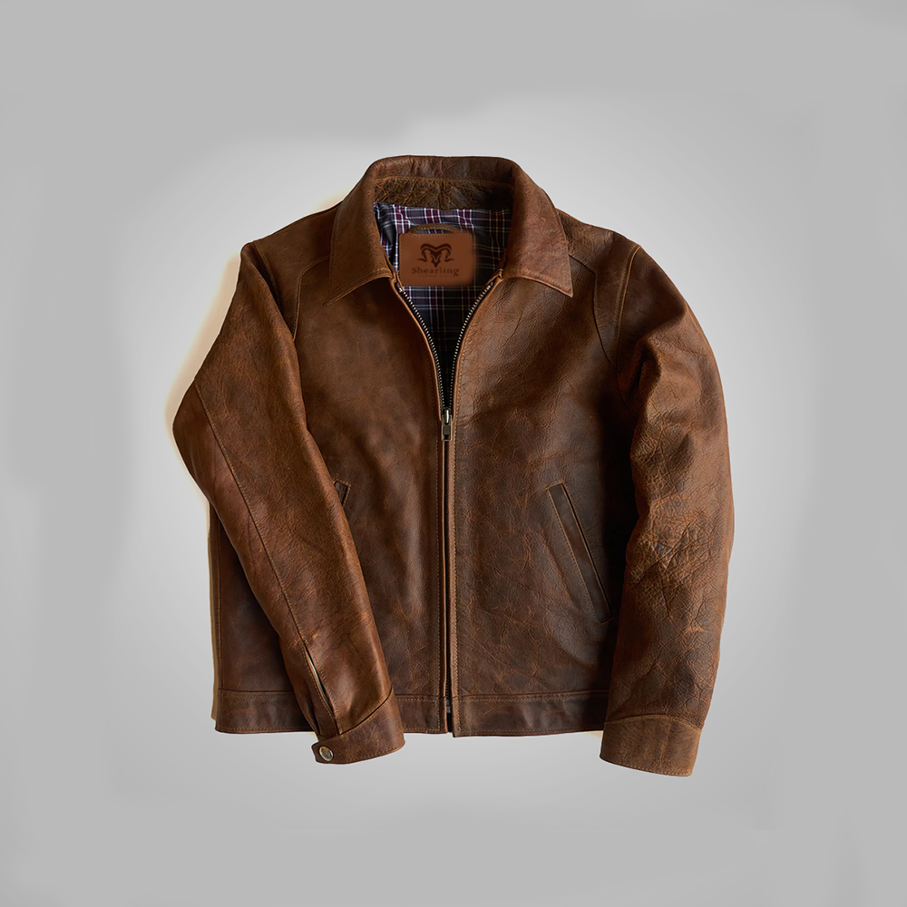 Brown leather jacket on a gray background