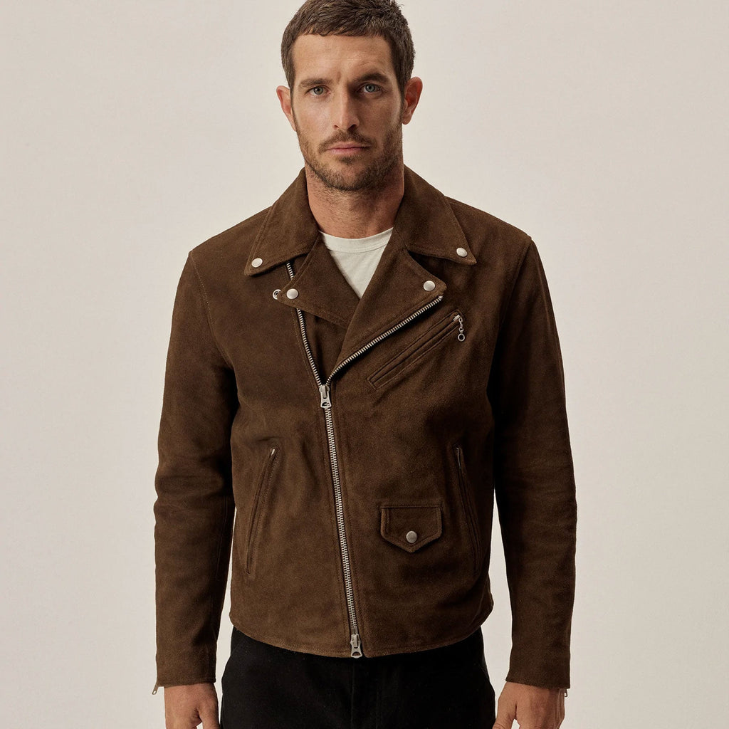 Man wearing a brown suede jacket on a plain background