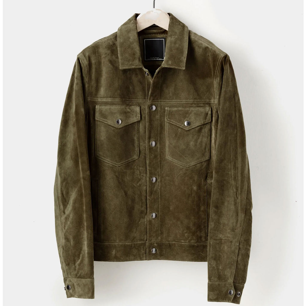 olive green suede jacket on a white background