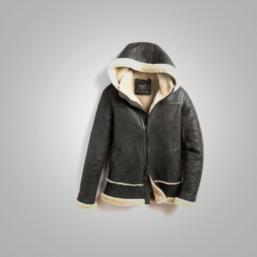Black leather jacket with beige fur lining on a gray background