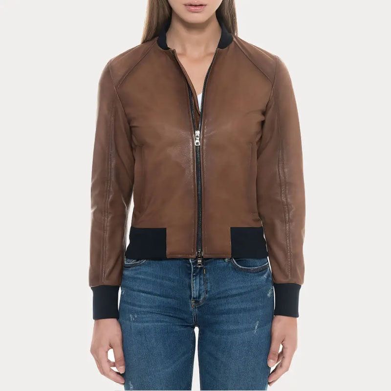 Brown leather jacket worn by a person on a white background
