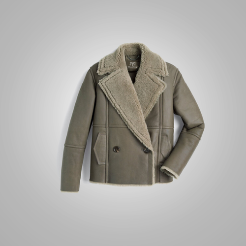 Green shearling jacket with a gray background