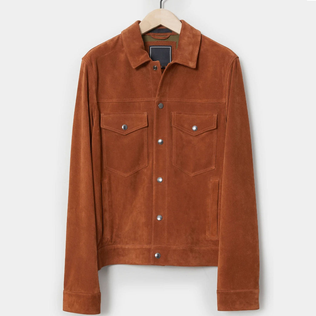 Brown suede jacket on a hanger against a white background