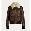 Brown leather jacket with beige shearling collar on a white background