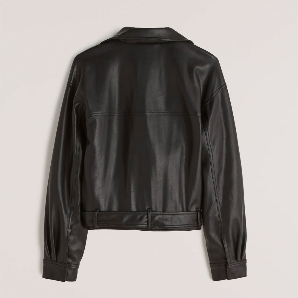 Black leather jacket on a light gray background