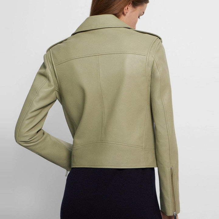 back view of women biker leather jacket