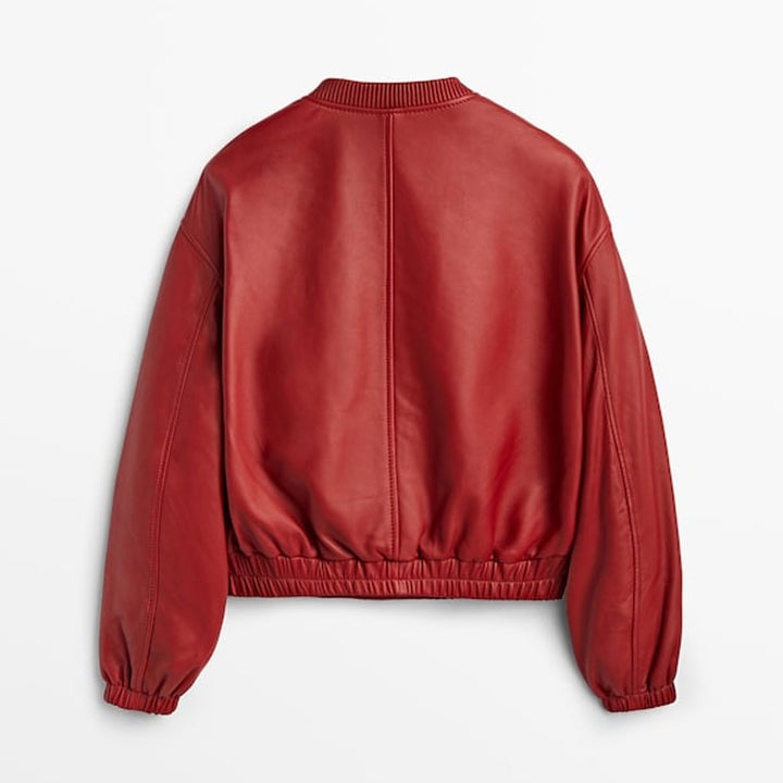 back view of women red leather jacket on white background