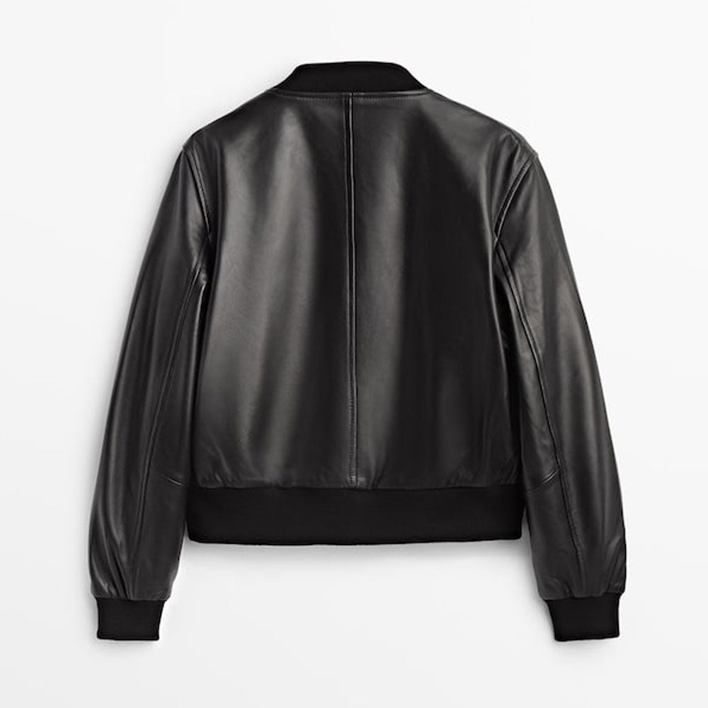 Black leather bomber jacket on a white background
