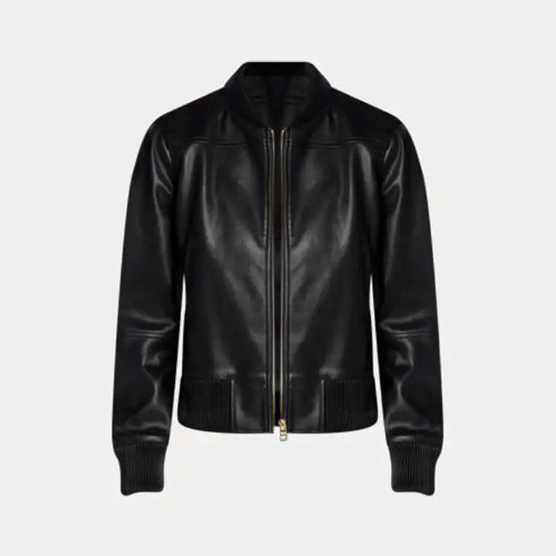 Black leather jacket on a light gray background