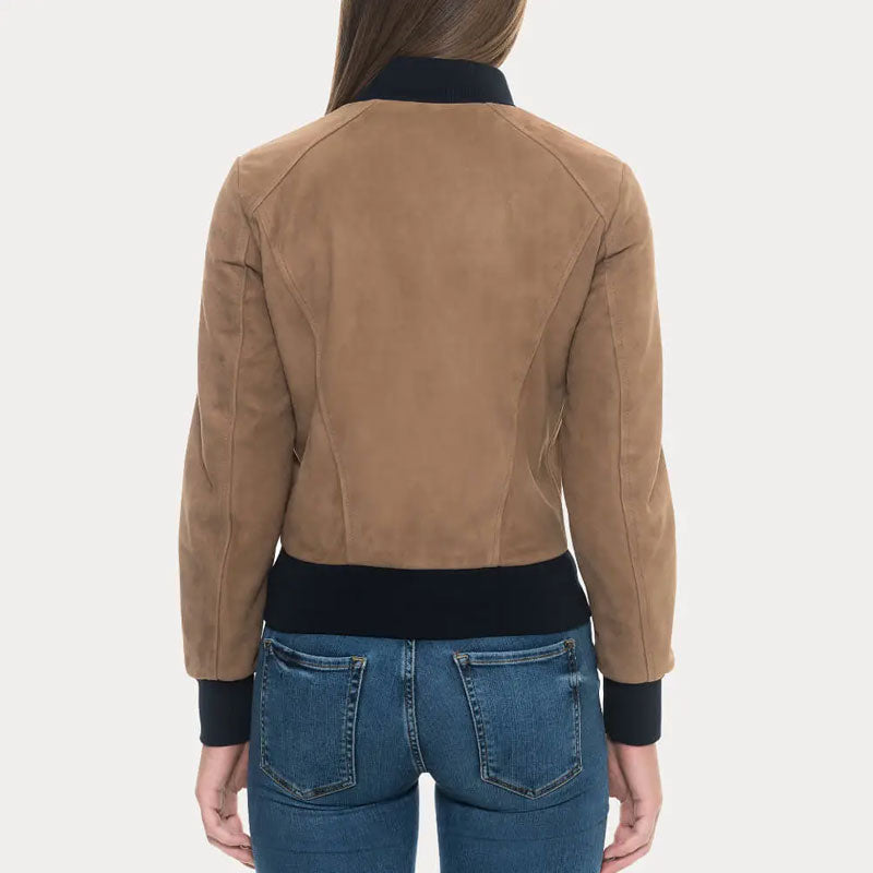 Brown jacket worn by a person on a white background
