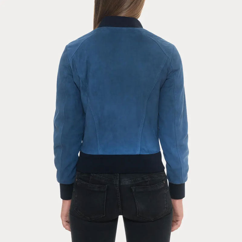 Blue jacket worn by a person on a white background