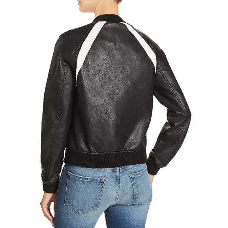 Black leather bomber jacket with white stripe on a white background