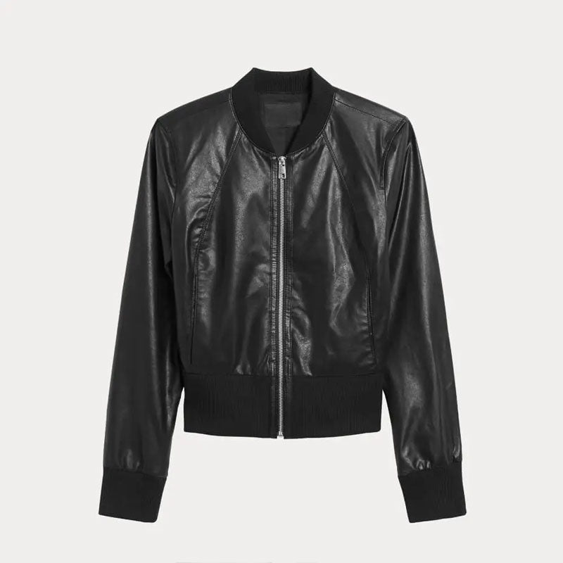 Black leather jacket on a light gray background