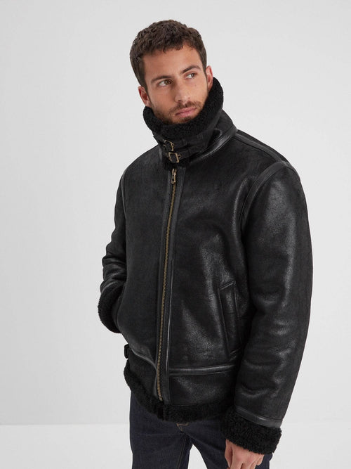 Men’s black RAF aviator leather jacket with genuine shearling collar