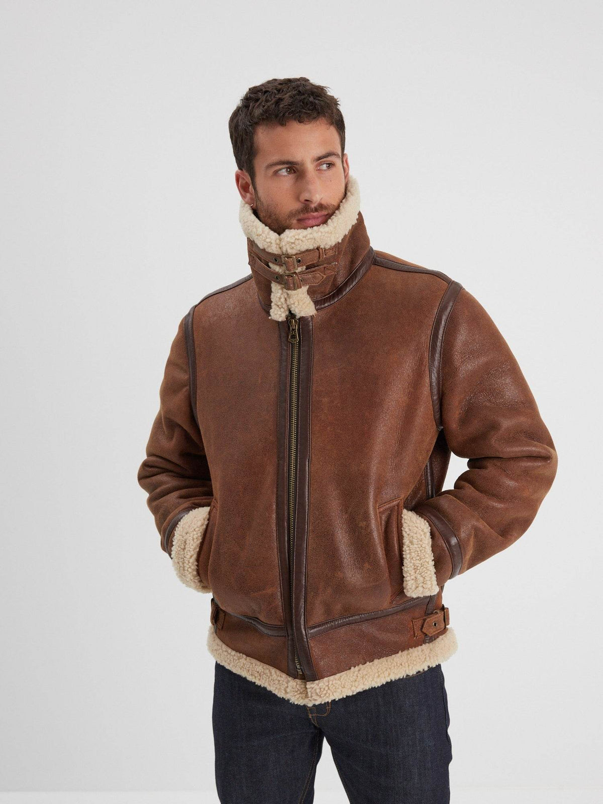 Men’s brown shearling aviator jacket with raised collar