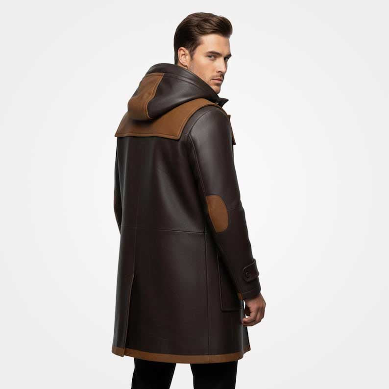 Man wearing a brown leather coat with brown accents on a white background