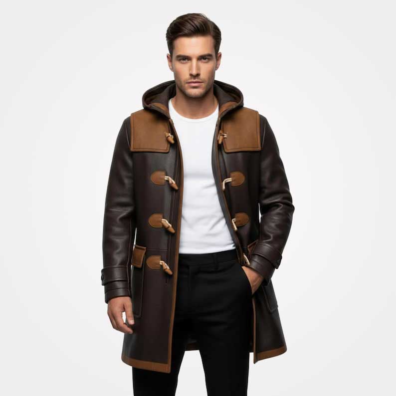 Man wearing a brown leather coat with brown buttons on a white background
