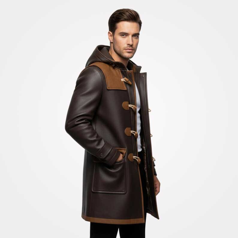 Man wearing a brown leather coat with brown accents on a white background
