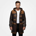 Man wearing a brown leather coat with a white background