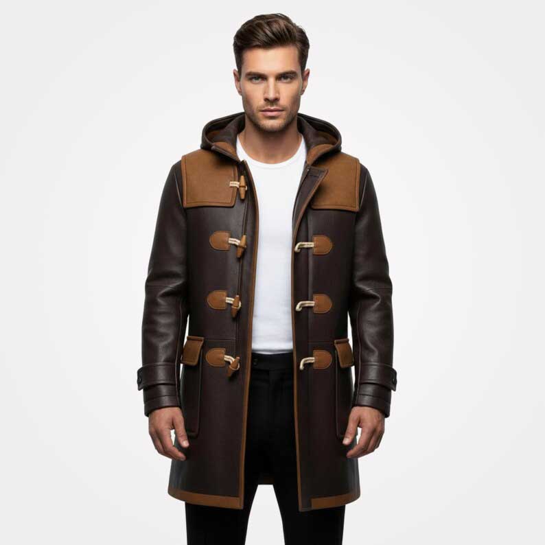 Man wearing a brown leather coat with a white background