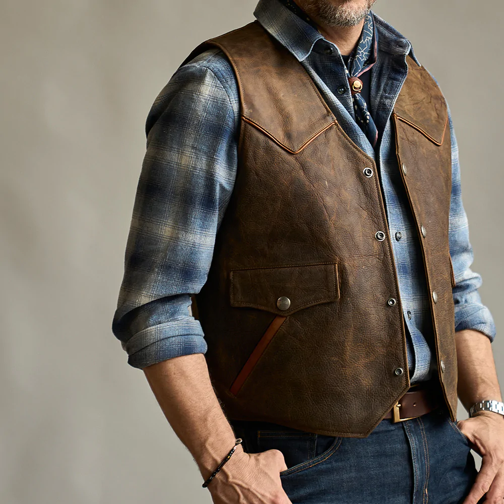 men wearing Brown Mens Western Cowboy Biker Leather Vest