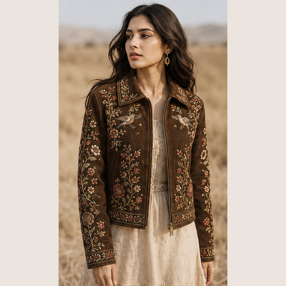 Women Embroidered Suede Leather Jacket
