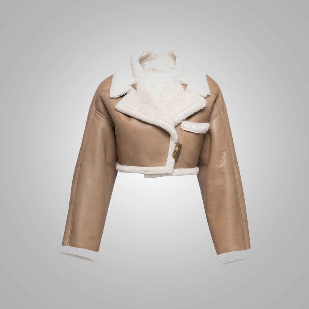 Brown leather jacket with white fur lining on a light gray background
