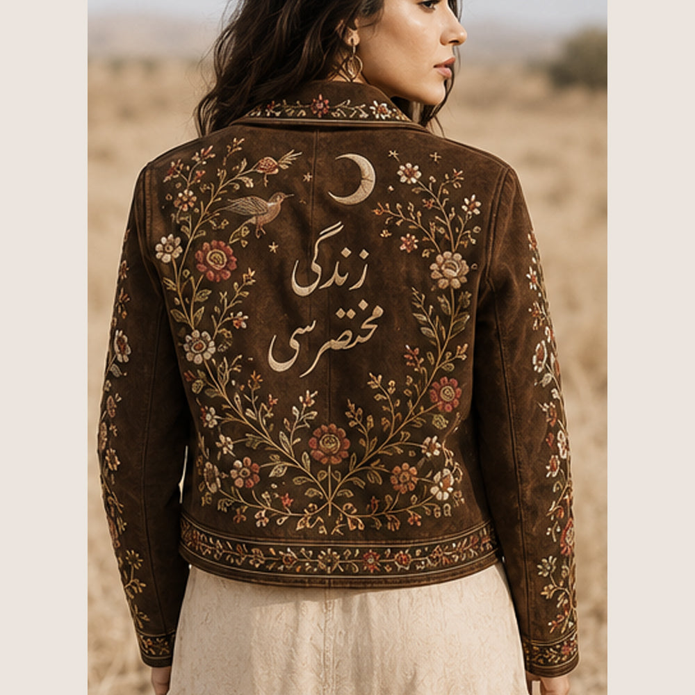 Women Embroidered Suede Leather Jacket