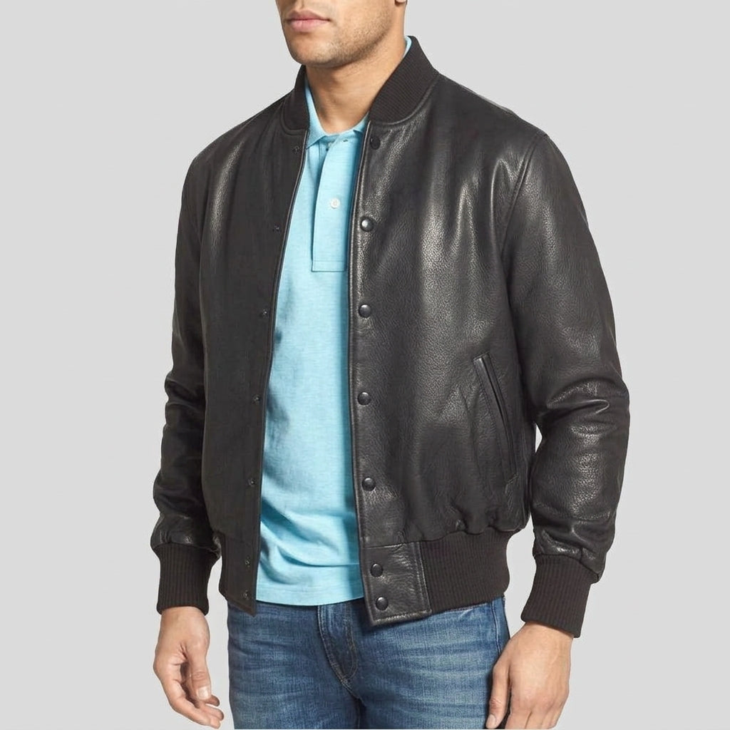 Men’s black snap-button leather bomber jacket angled view