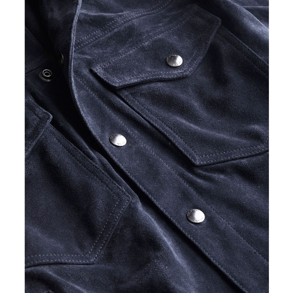 Close-up of a dark blue jacket with button details on a white background